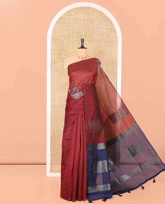 Borderless Red Vichitra Silk Saree, Enriched with Square Buttas All Over Its Body, Captivating Contrast Pallu of Traditional Designs, and Paired with a Contrast Blouse