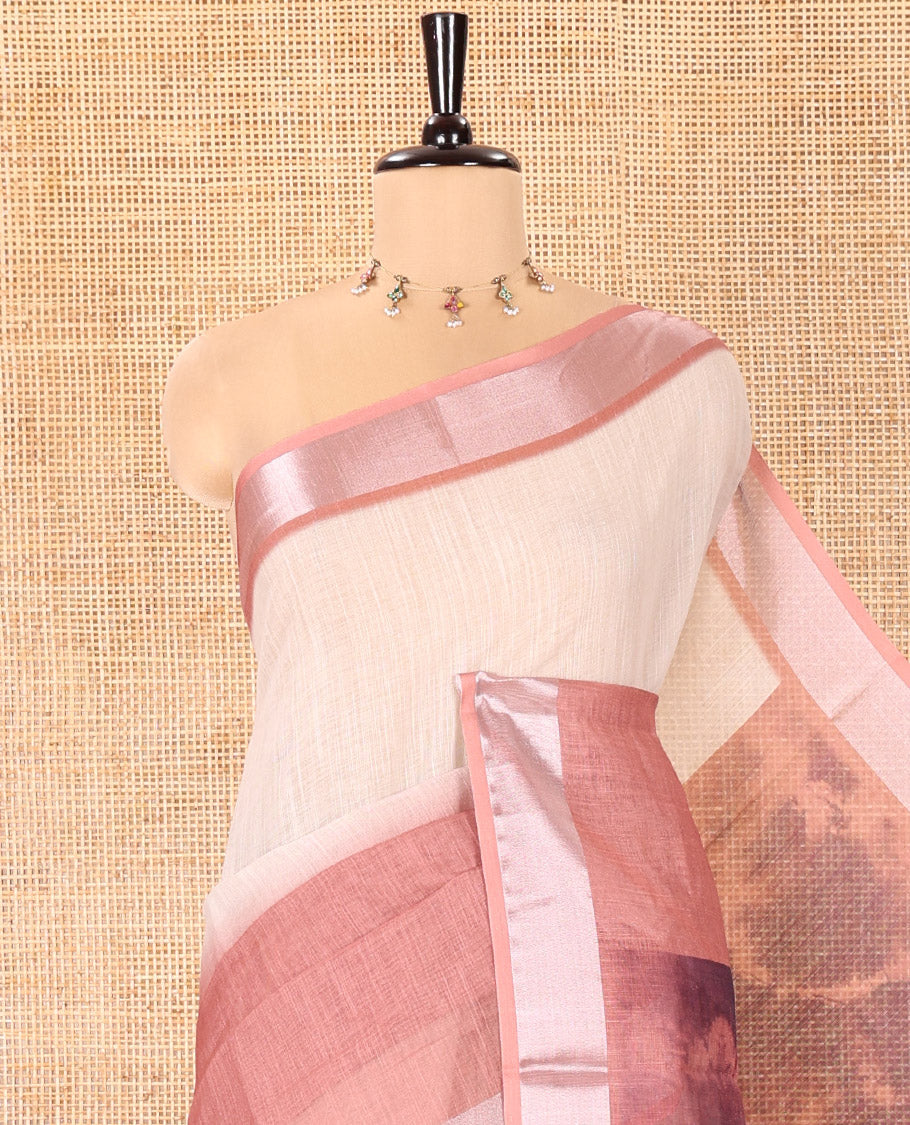 Chikku-Brown Linen Cotton Saree, Adorned With Ombre-style Dye Print, a Subtle Zari Border, Bold Shibori-Printed Pallu, and a Printed Blouse
