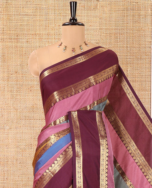 Multi-Color Semi-Soft Silk Saree, Meticulously Woven with Colorful Stripes and Floral Creeper Design on Its Body, Complemented by Contrast Rettai Pettu Traditional Zari Designs Woven Border, Grand Pallu, and Paired with a Contrast Blouse