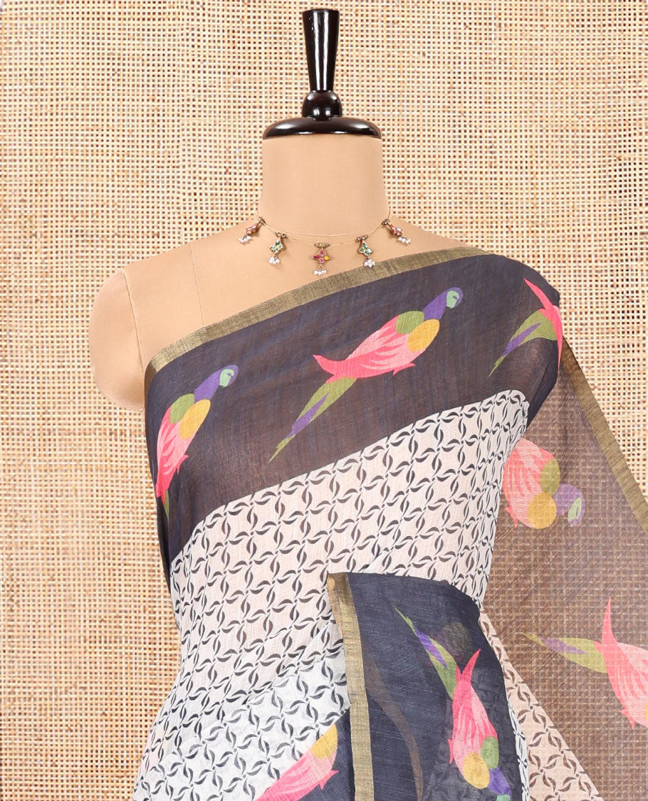White-Onion Pink Linen Cotton Saree Features Horizontal Stripes on Its Body, Complemented by a Contrast Zari Border, Multi-Color Striped Pallu, and Paired with a Contrast Blouse
