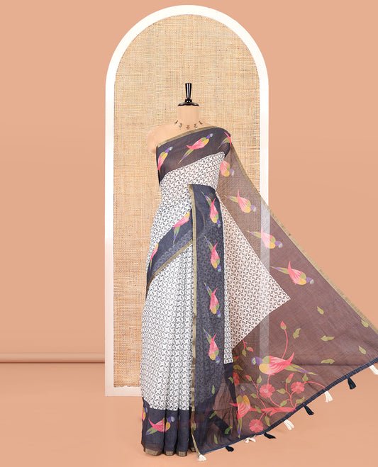 White-Onion Pink Linen Cotton Saree Features Horizontal Stripes on Its Body, Complemented by a Contrast Zari Border, Multi-Color Striped Pallu, and Paired with a Contrast Blouse