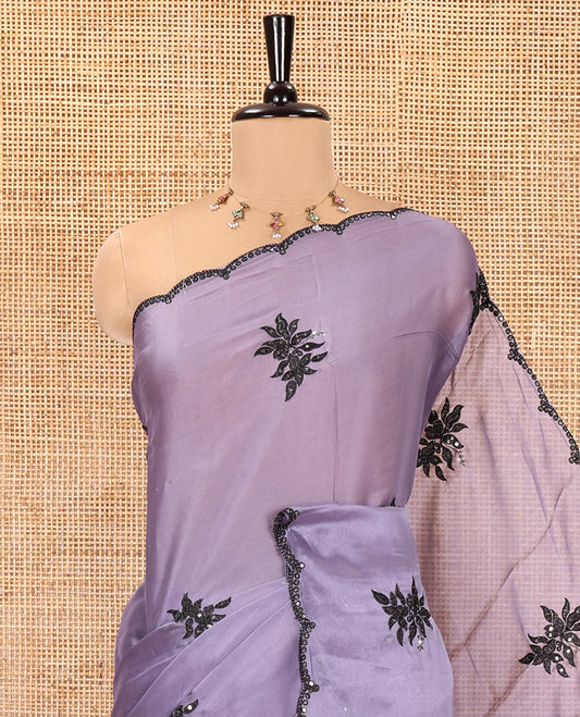 Lavender Rangoli Chiffon Saree, Finely Crafted with Floral Embroidery Motifs on Its Body, Scallop Embroidered Border, Embroidered Pallu, and Paired with a Contrast Blouse