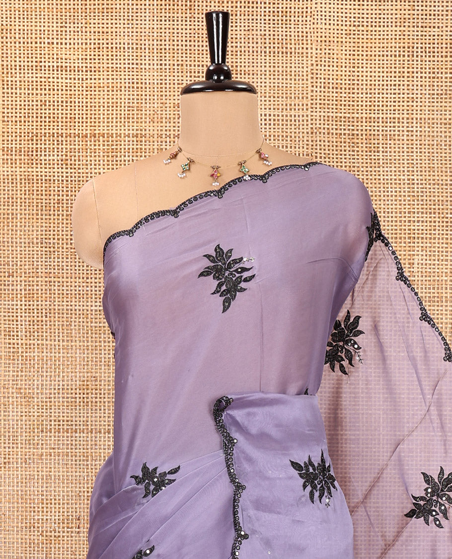 Lavender Rangoli Chiffon Saree, Finely Crafted with Floral Embroidery Motifs on Its Body, Scallop Embroidered Border, Embroidered Pallu, and Paired with a Contrast Blouse