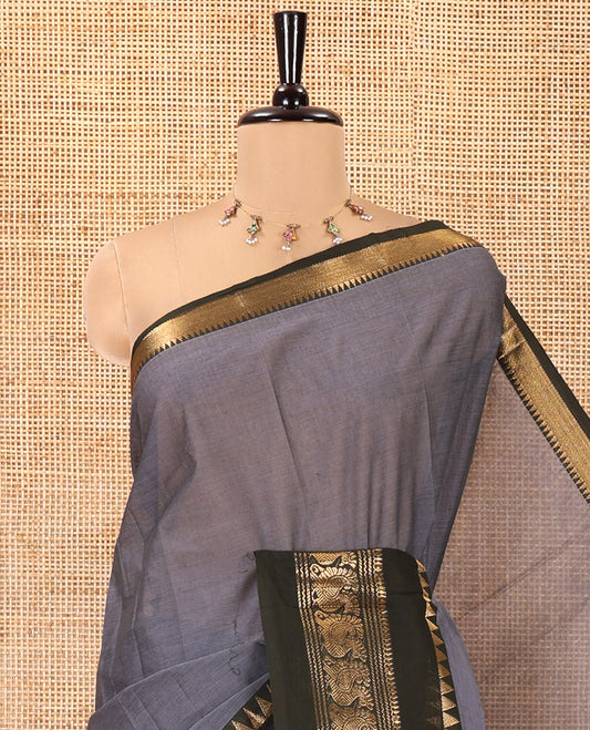 Grey Plain Chettinad Cotton Saree, Contrast Rettai Pettu Temple-Peacock Border, a Self-Pallu, a Matching Blouse