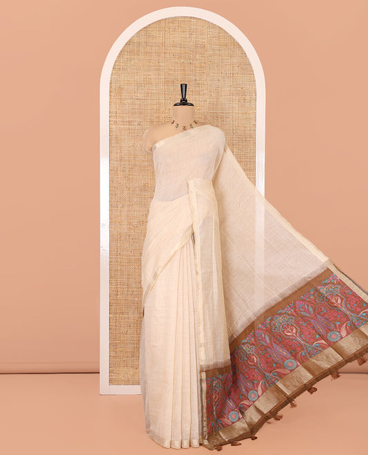 Cream Plain Jamdani Cotton Saree, Highlighted by a Golden Zari Border, Pallu of Kashmiri-Style Weaving, and Paired with a Contrast Striped Blouse