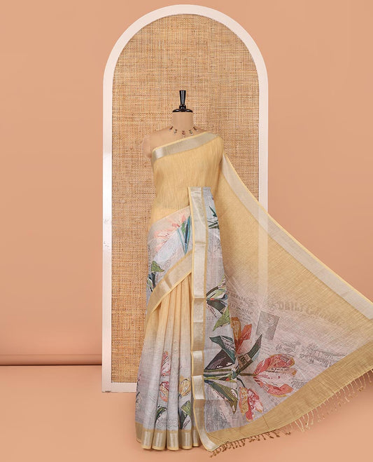 Off-White and Dusky Pink Linen Cotton Saree, Creatively Designed with Tropical Floral, and Newspaper-Texture Printed on Its Body, Complemented by a Silver Tissue Border, a Self-Printed Pallu, and Paired with a Matching Blouse