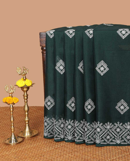 Olive green thread embroidery kotta cotton saree with thread embroidery border & self pallu along with plain blouse