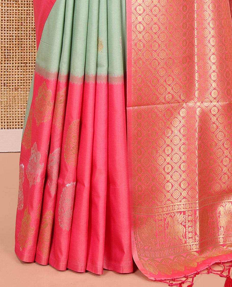 Green Elite Soft Silk Saree, Adorned with Zari Buttas, Contrast Intricate Border, Jaal Pallu, and a Contrast Blouse