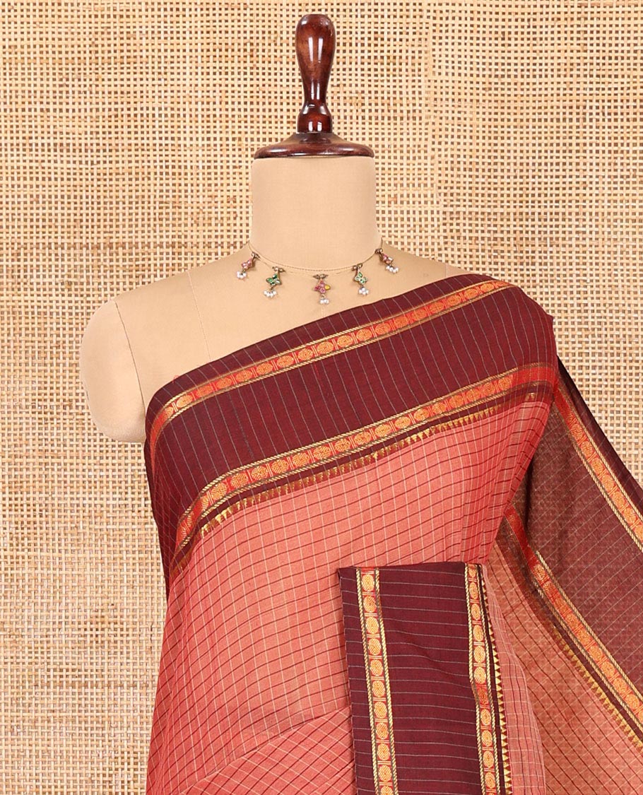 Rust Checked Mercerised Cotton Saree, Contrast Rettai Pettu Rudraksham-Temple Border, a Self-Pallu and a Matching Blouse