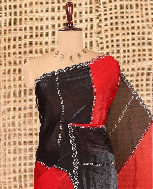 Red-Black Fendi Chiffon Saree, Decorated with Swarovski Stone Work, a Scallop Swarovski Stonework Border, a Matching Stonework Blouse
