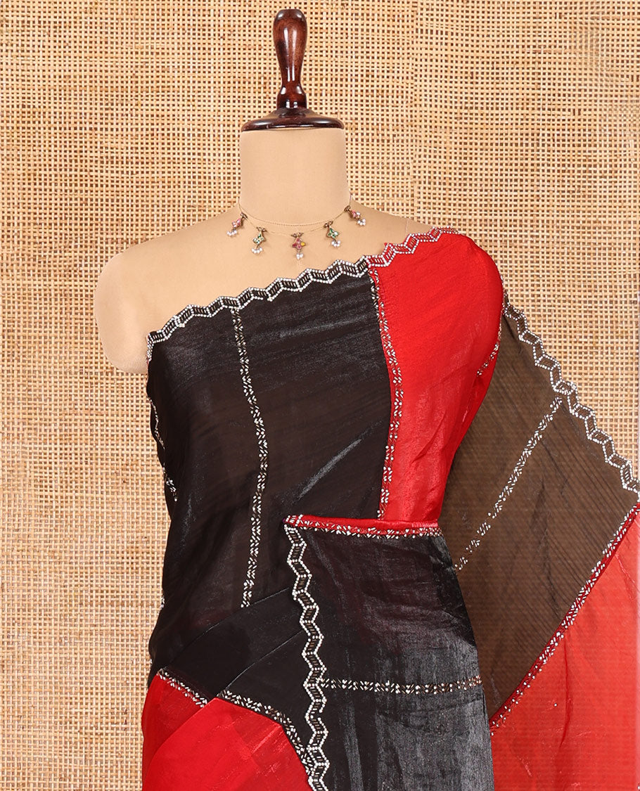 Red-Black Fendi Chiffon Saree, Decorated with Swarovski Stone Work, a Scallop Swarovski Stonework Border, a Matching Stonework Blouse