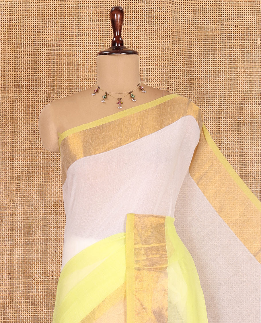 Lemon Yellow Half-And-Half-Style Plain Khadi Mul Cotton Saree, a Subtle Zari Border, and No Blouse