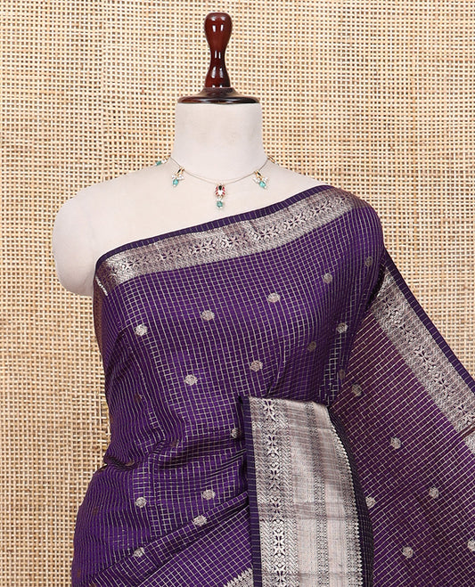 Violet Semi-Tussar Saree, Enriched with Zari Buttas and Checks, a Traditional Zari Border, and a Matching Blouse