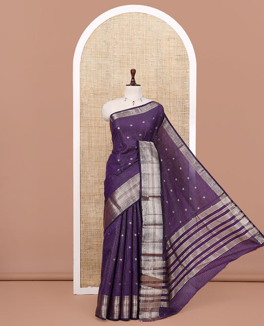 Violet Semi-Tussar Saree, Enriched with Zari Buttas and Checks, a Traditional Zari Border, and a Matching Blouse