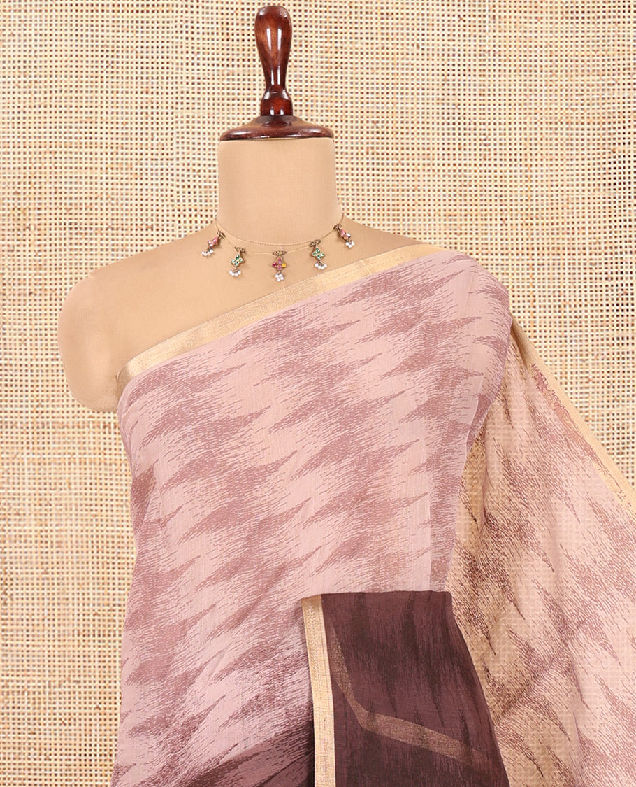Brown Linen Cotton Saree, Accentuated with Ikat Zig-Zag Stripes, a Piping Border, Printed Pallu, and Matching Blouse