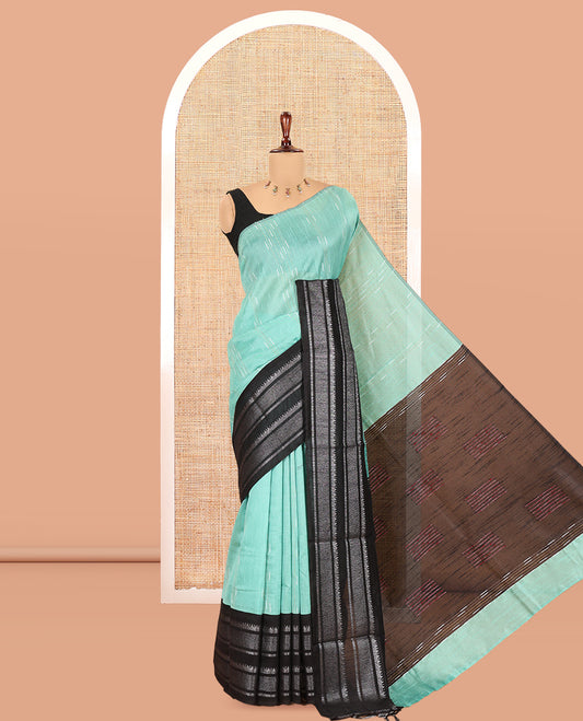 Sea Green Semi-Raw Silk Saree, Subtly Woven with Thread Stripes, a Contrast Traditional Zari Border, Contrast Pallu, and a Contrast Blouse