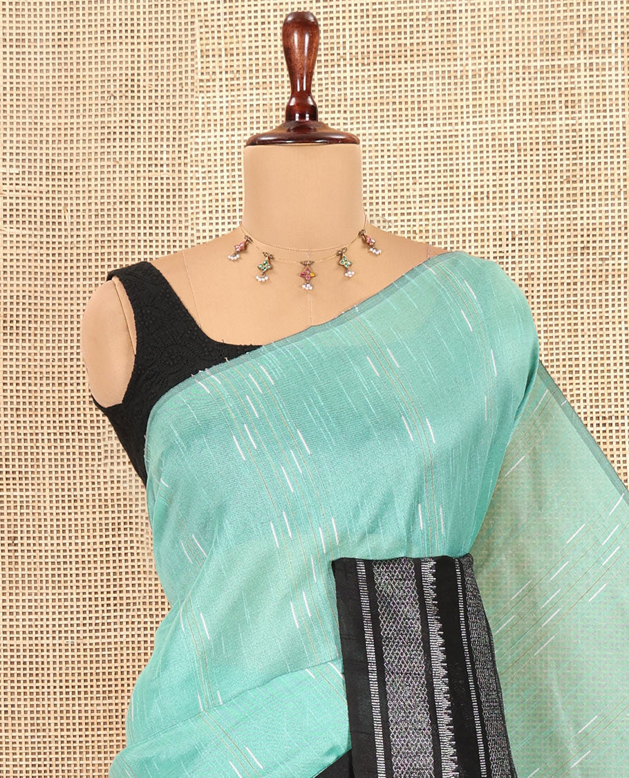 Sea Green Semi-Raw Silk Saree, Subtly Woven with Thread Stripes, a Contrast Traditional Zari Border, Contrast Pallu, and a Contrast Blouse