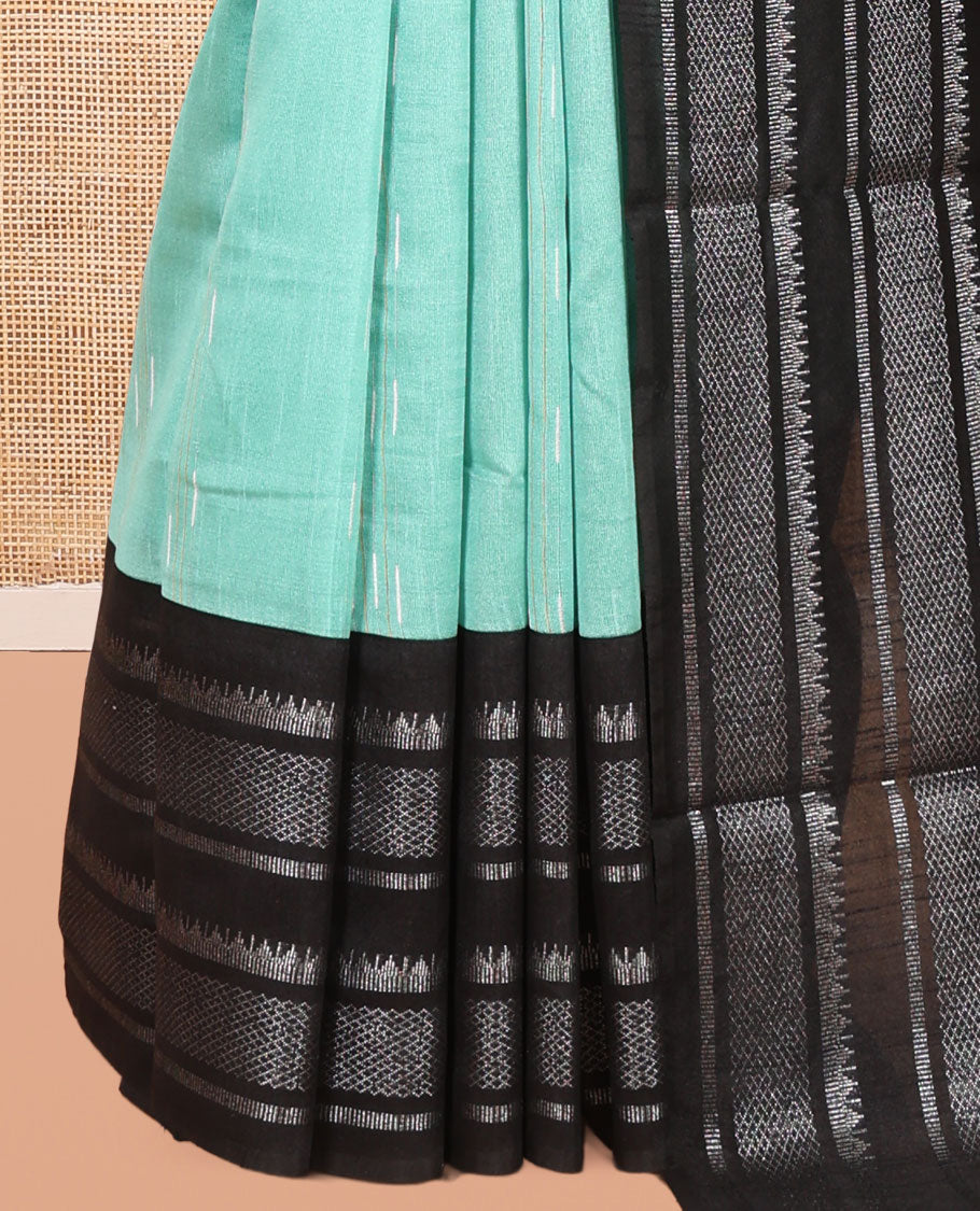 Sea Green Semi-Raw Silk Saree, Subtly Woven with Thread Stripes, a Contrast Traditional Zari Border, Contrast Pallu, and a Contrast Blouse