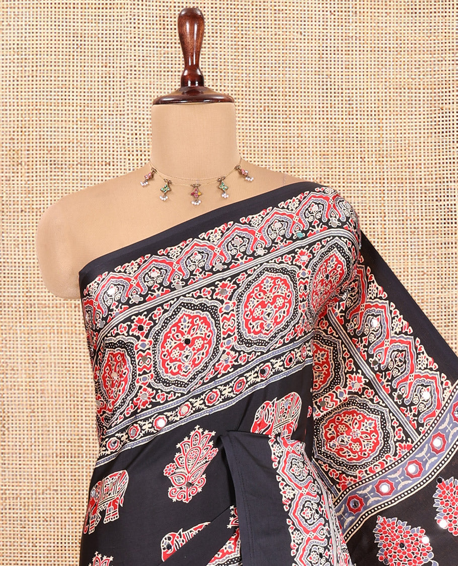 Black Satin Crepe Saree, Adorned with Ajrakh and Elephant Print, Intricately Printed Border, a Matching Blouse