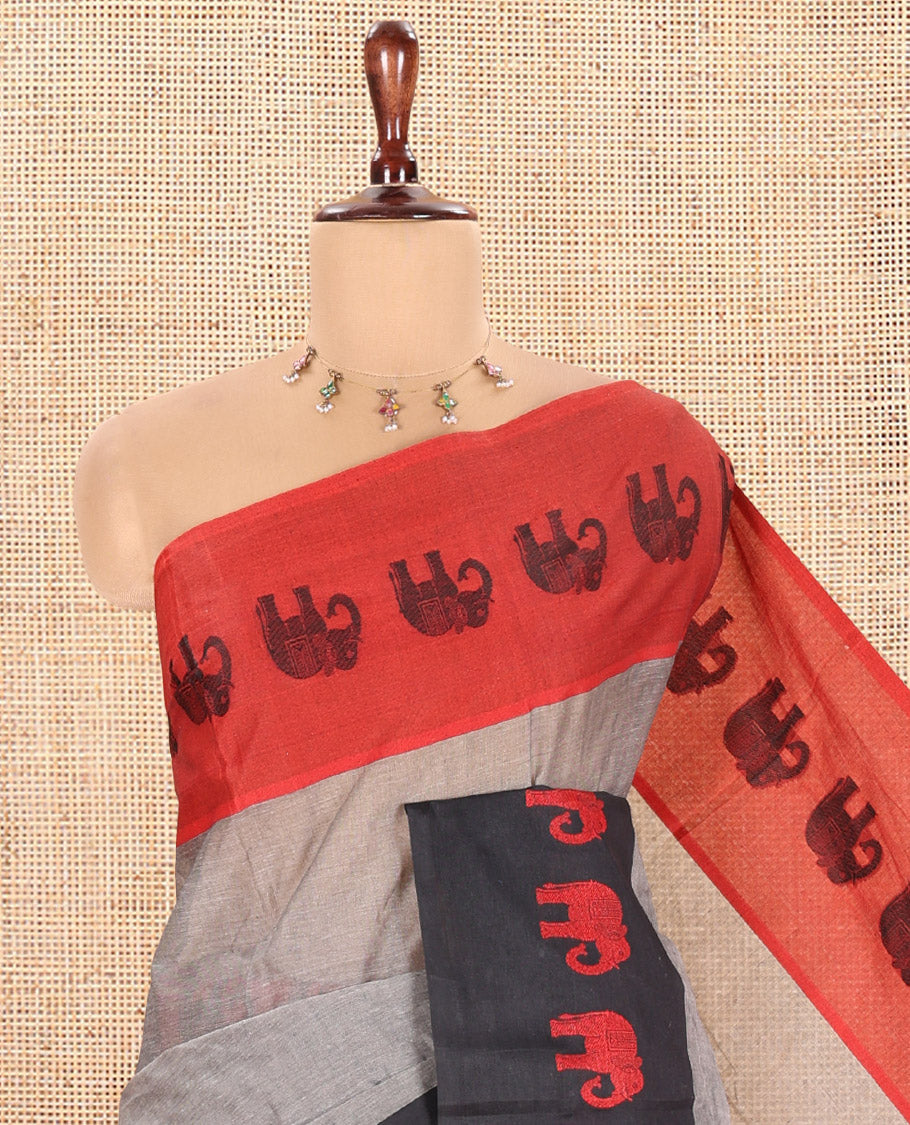 Grey-Black Plain Bengal Cotton Saree