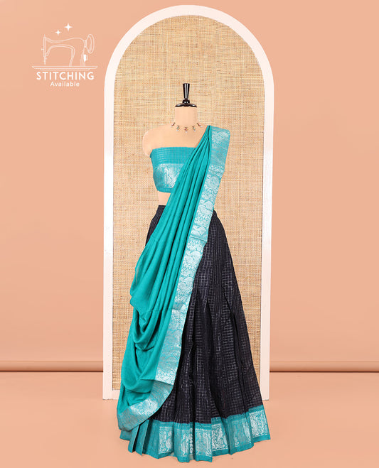 Black and Green Sungudi Cotton Half-Saree, Beautified with Micro-Zari Checks on Its Skirt, Complemented by a Contrast Peacock Zari Border, Paired with a Contrast Blouse, and a Contrast Syska Georgette Zari-Bordered Dhavani