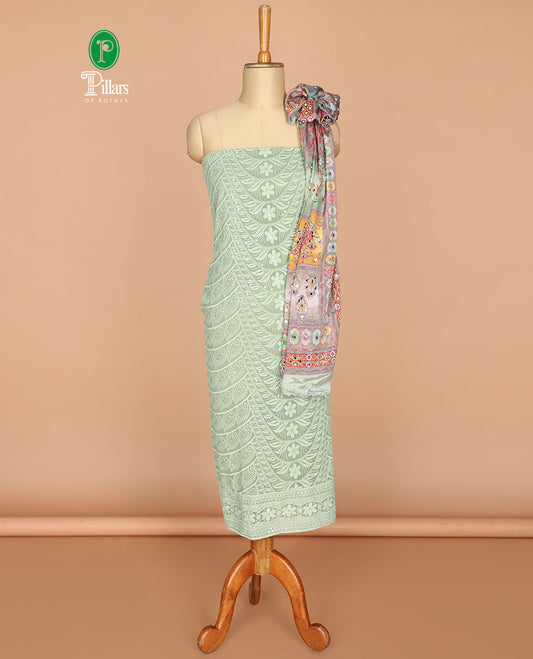 Apple green  shifli , sequins work, floral design georgette chudidhar material top with american crepe pant & chinnon material diagital print, mirror work dupatta