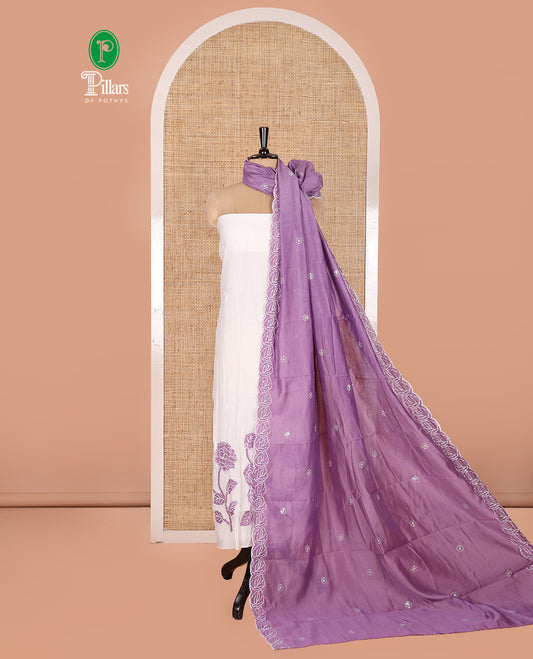 Cream and Lavender Mul Chanderi Material Chudidar Set, Beautiful Bedecked with Floral Embroidery On Its Top, A Plain Santoon Bottom, and Comes with a Contrast Scallop Floral Embroidered Dupatta