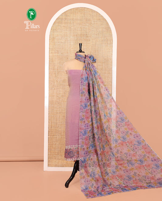 Lavender Moss Organza Material Chudidar Set, Gleamed Up with Stonework Top, a Plain Santoon Bottom, and Paired with Floral Print and Scallop Stonework Dupatta