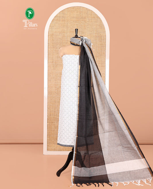 White-Black Handloom Cotton Material Chudidar Set Featuring Butta Enclosed Checked Top, Heathered Bottom, and Dual-Color Dupatta