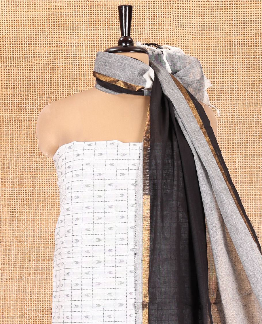White-Black Handloom Cotton Material Chudidar Set Featuring Butta Enclosed Checked Top, Heathered Bottom, and Dual-Color Dupatta
