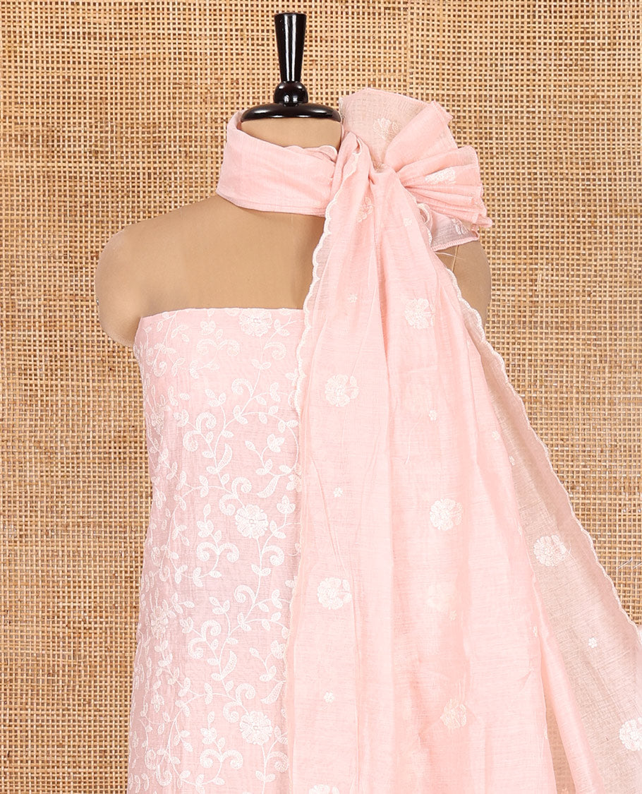 Peach Mul Chanderi Material Chudidar, Lucknowi-Style Embroidery Top, a Santoon Bottom, Scallop Embroidered Dupatta