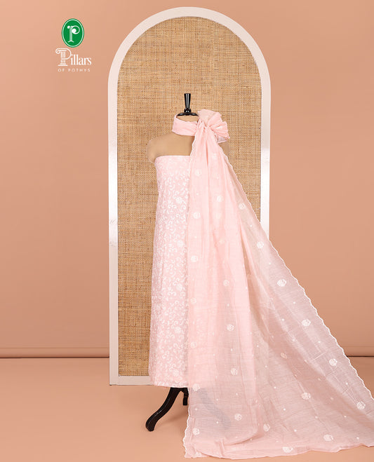 Peach Mul Chanderi Material Chudidar, Lucknowi-Style Embroidery Top, a Santoon Bottom, Scallop Embroidered Dupatta
