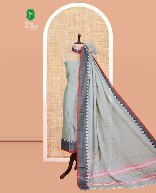 Pista Green Mercerised Cotton Material Churidar Features Plain Top, Contrast Thread Temple Border, Matching Bottom, Temple Dupatta