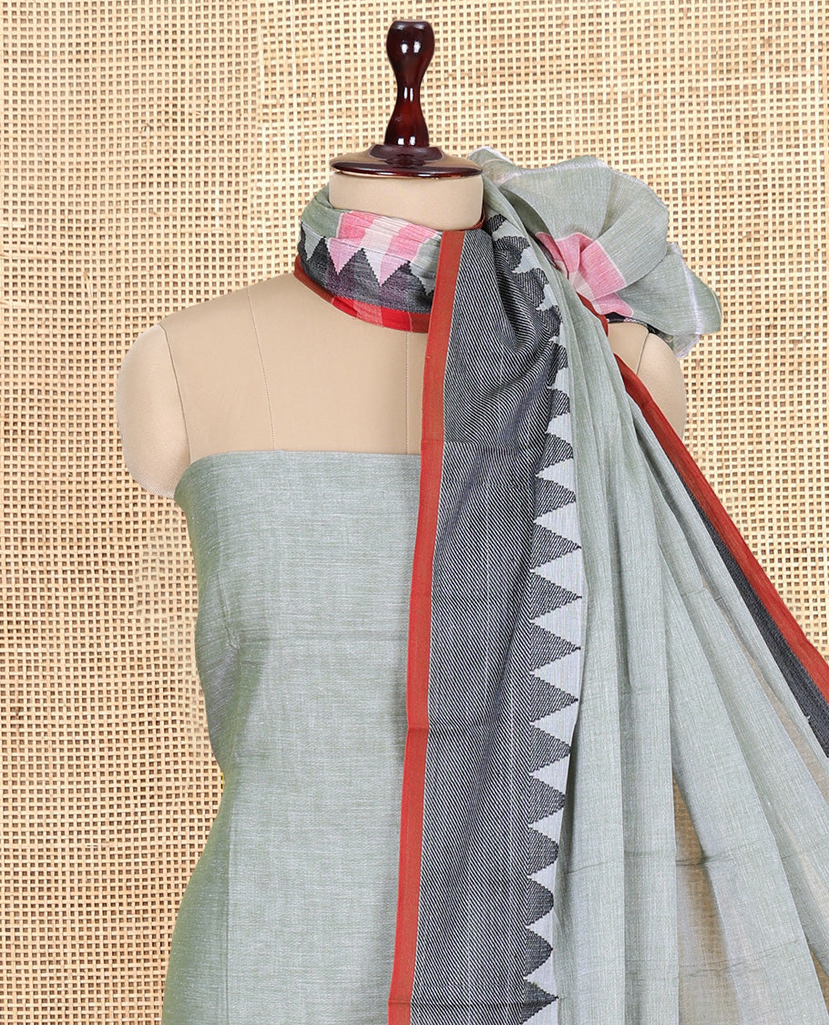 Pista Green Mercerised Cotton Material Churidar Features Plain Top, Contrast Thread Temple Border, Matching Bottom, Temple Dupatta