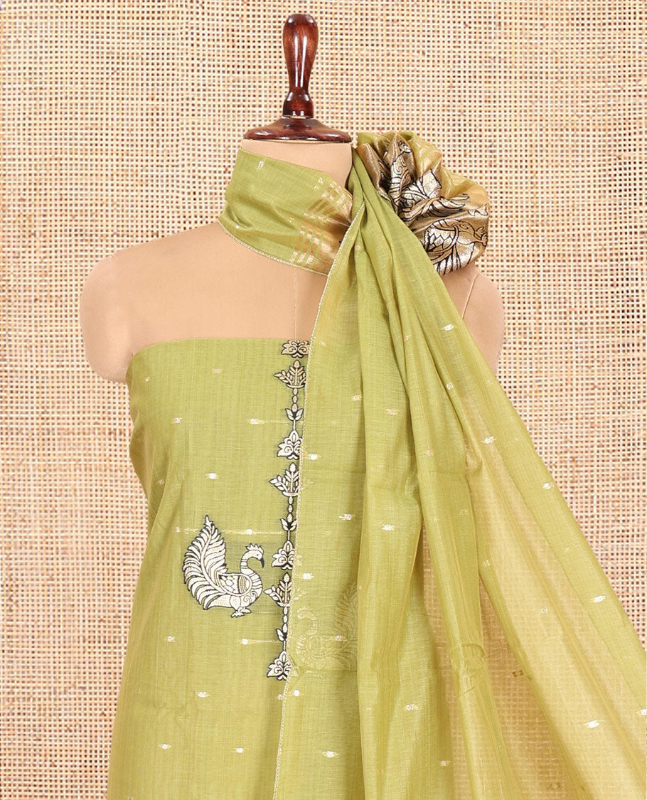 Green Chanderi Material Chudidar, Zari Buttas and Annam Buttas Top, Matching Bottom, Annam Buttas Dupatta