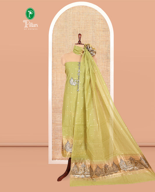 Green Chanderi Material Chudidar, Zari Buttas and Annam Buttas Top, Matching Bottom, Annam Buttas Dupatta