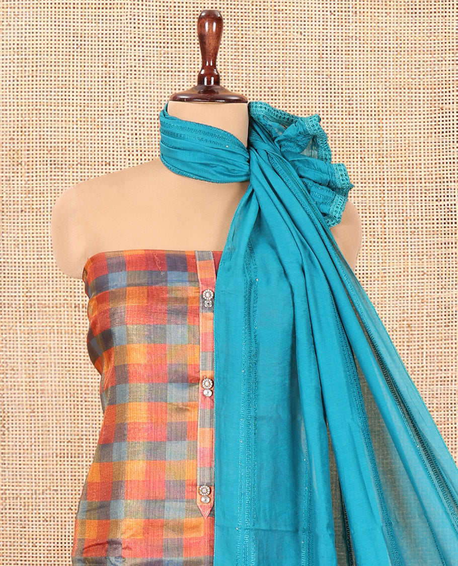 Multi-Color Shimmer Tissue Material Churidar, Detailed with Madras Checks Neckwork Top, a Contrast Bottom, Sequins Striped Dupatta