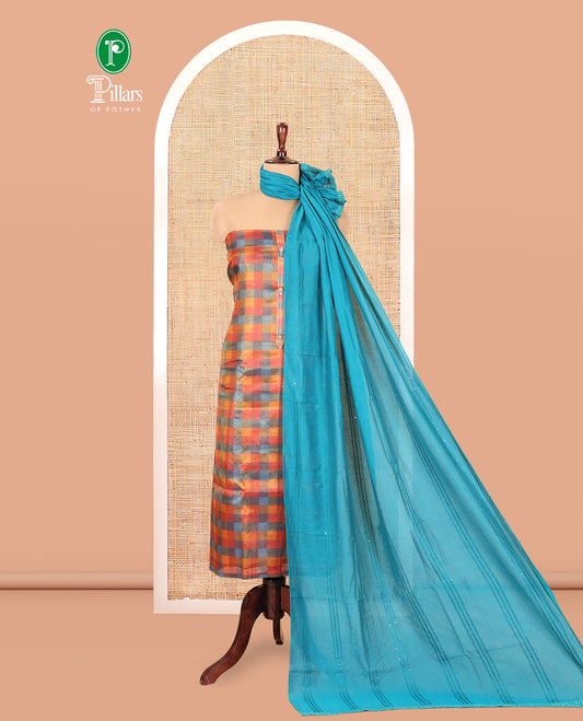 Multi-Color Shimmer Tissue Material Churidar, Detailed with Madras Checks Neckwork Top, a Contrast Bottom, Sequins Striped Dupatta