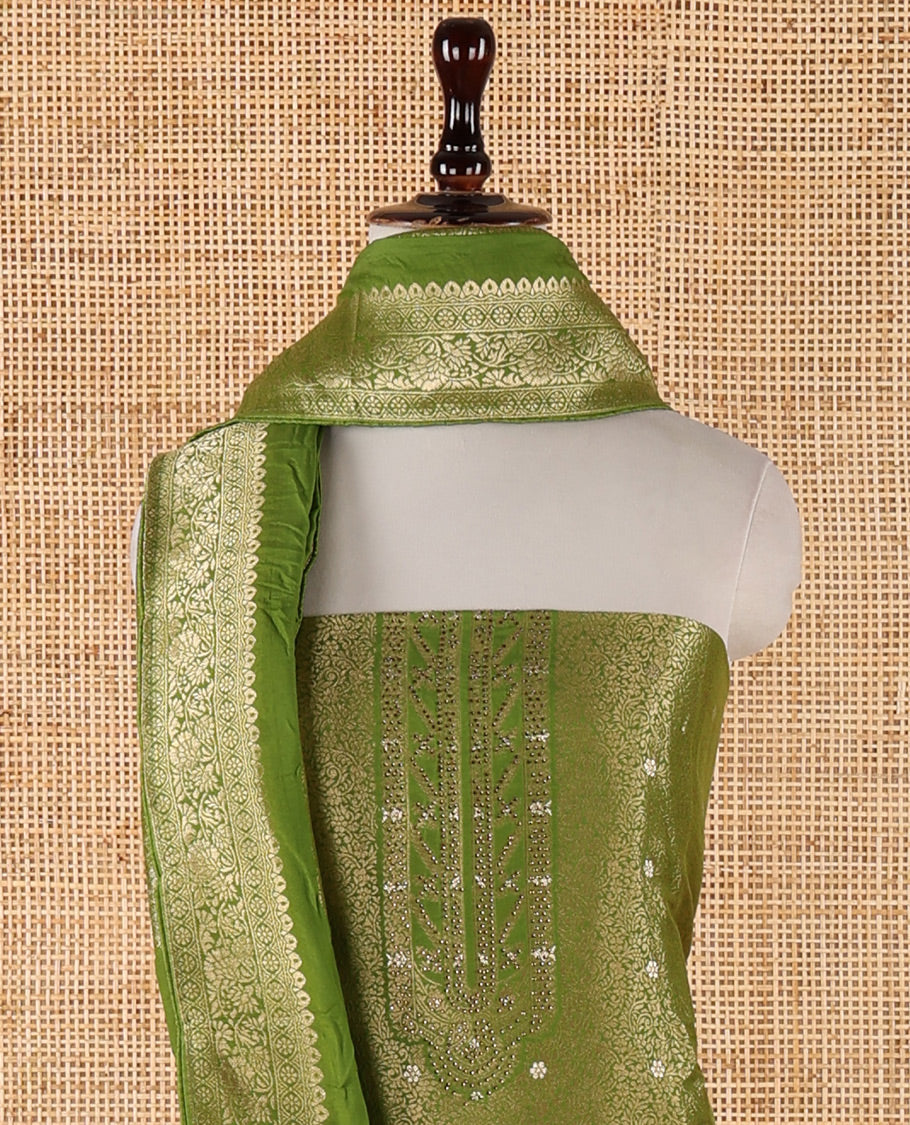Parrot green banarasi chudidar material set, floral zari jacquard design with swarovski stone work top, floral jacquard & swarovski stone work banarasi dupatta & santoon plain bottom