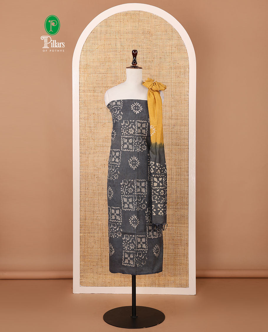 Ash chudidar material set,geometric batik-printed bhagalpuri cotton top,batik-print dual-color mul-mul cotton dupatta & batik-print bottom