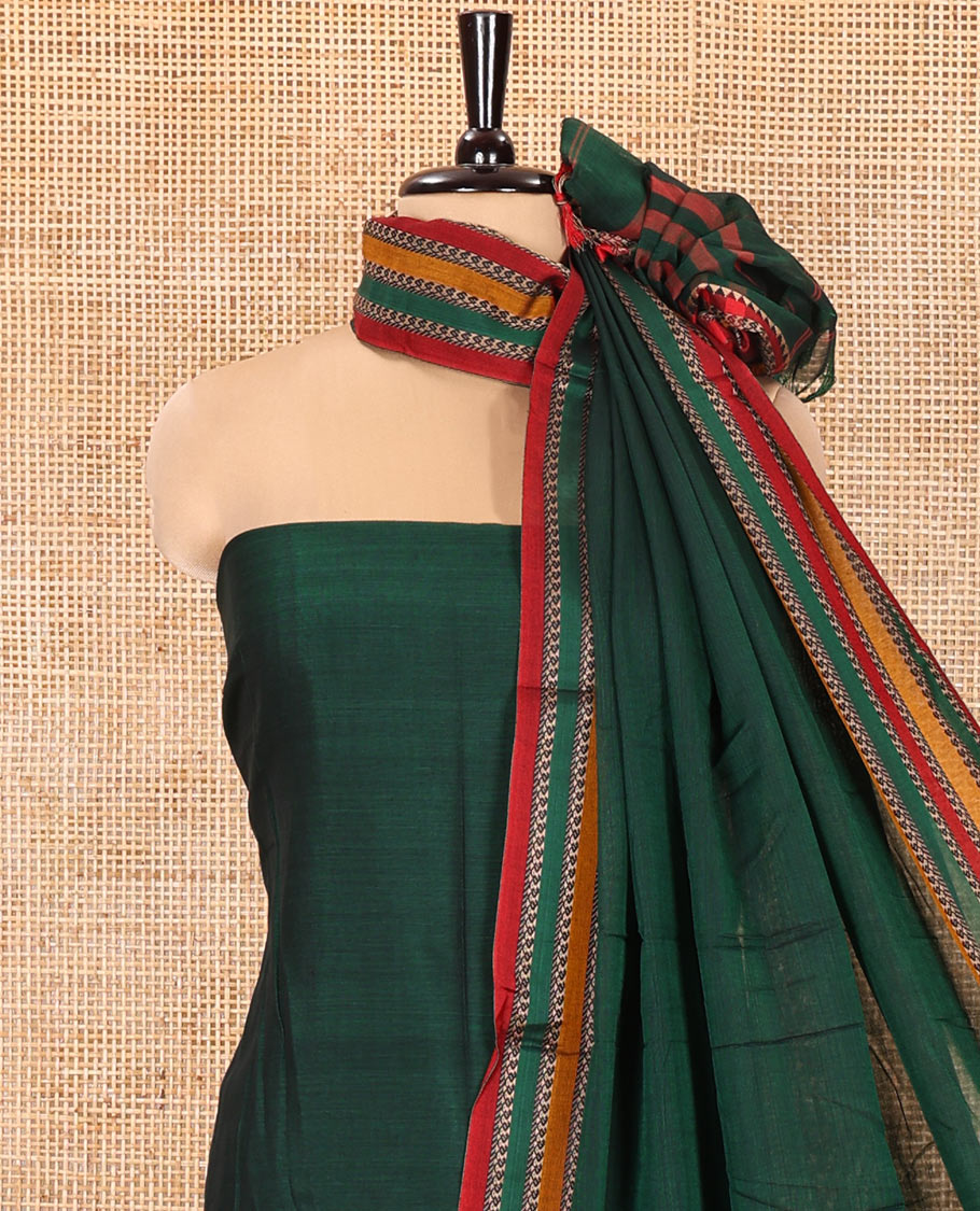 Green Mercerised Cotton Material Churidar Set, Featuring Plain and Traditional Motifs Woven Top, Comes with a Plain Mercerised Cotton Bottom, and Is Paired with a Mercerised Cotton Traditional Motifs Woven Dupatta