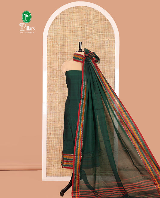Green Mercerised Cotton Material Churidar Set, Featuring Plain and Traditional Motifs Woven Top, Comes with a Plain Mercerised Cotton Bottom, and Is Paired with a Mercerised Cotton Traditional Motifs Woven Dupatta