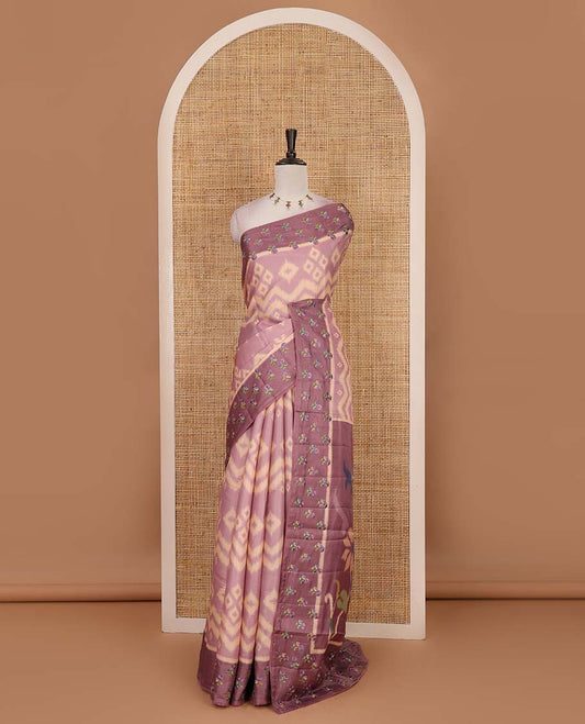 Pink pochampally ikkat style geometric printed fancy tussar saree, contrast floral motifs thread embroidered border, ikkat printed pallu, and plain blouse
