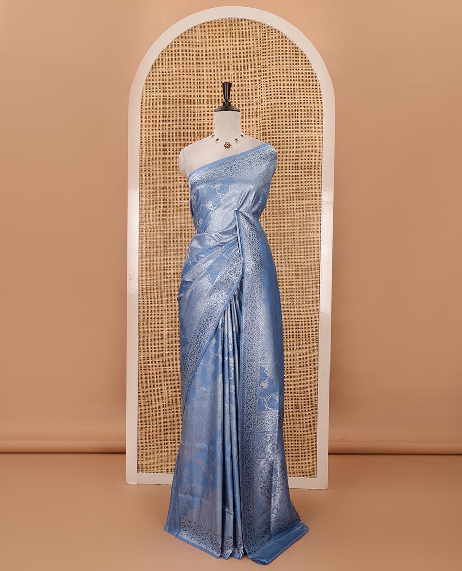 Blue lotus zari jacquard softy saree, floral vine zari border, zari woven floral design pallu & matching zari jacquard blouse