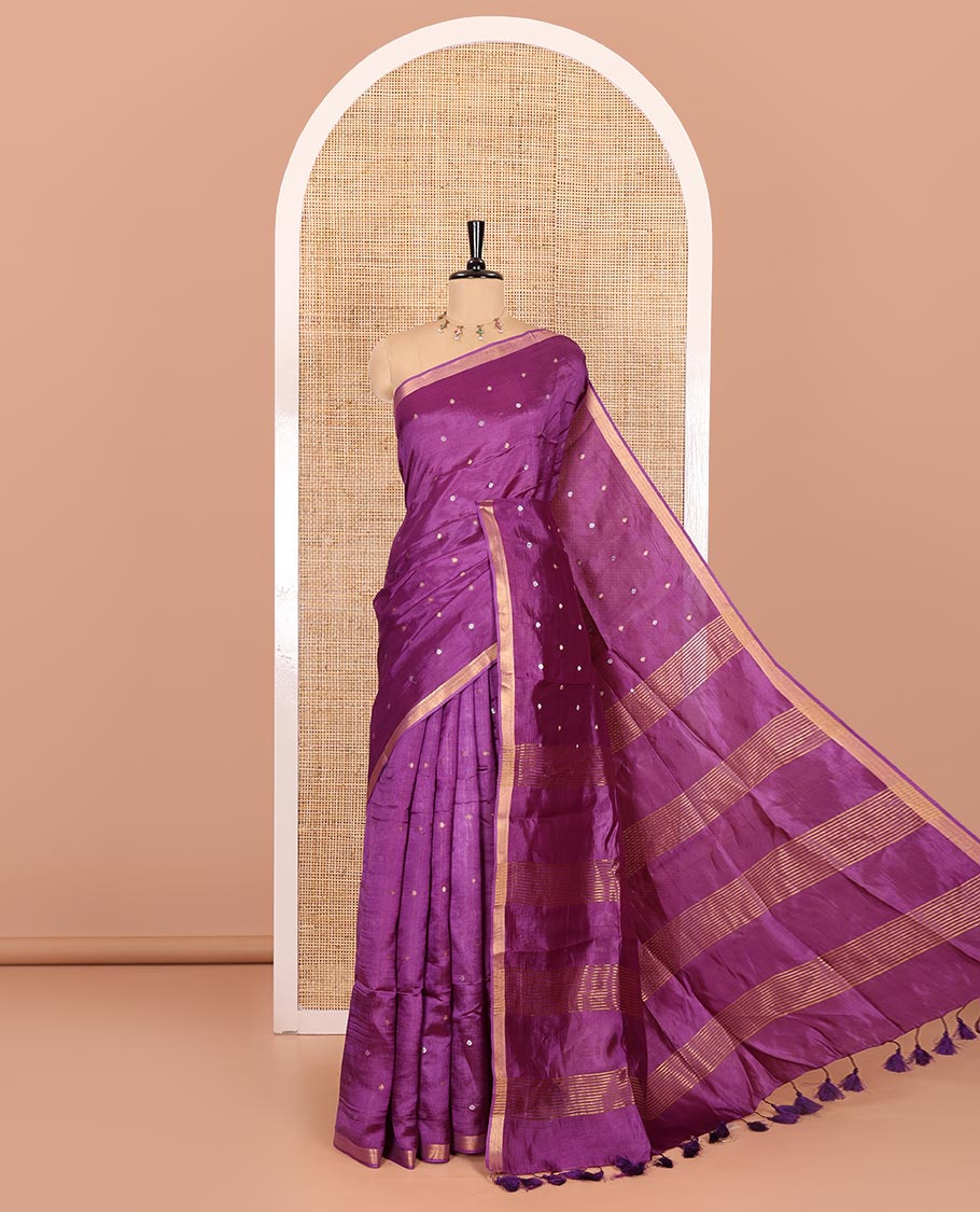 Purple zari buttas banana pith silk saree, zari bavanji border, zari striped pallu, and a matching zari design blouse