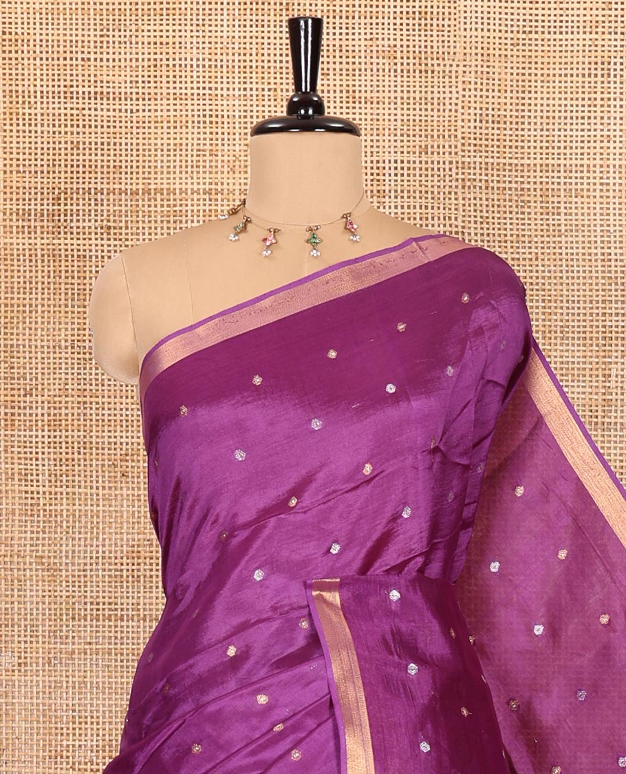 Purple zari buttas banana pith silk saree, zari bavanji border, zari striped pallu, and a matching zari design blouse