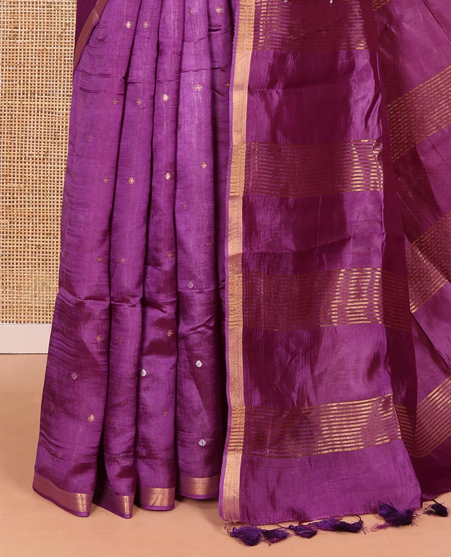 Purple zari buttas banana pith silk saree, zari bavanji border, zari striped pallu, and a matching zari design blouse