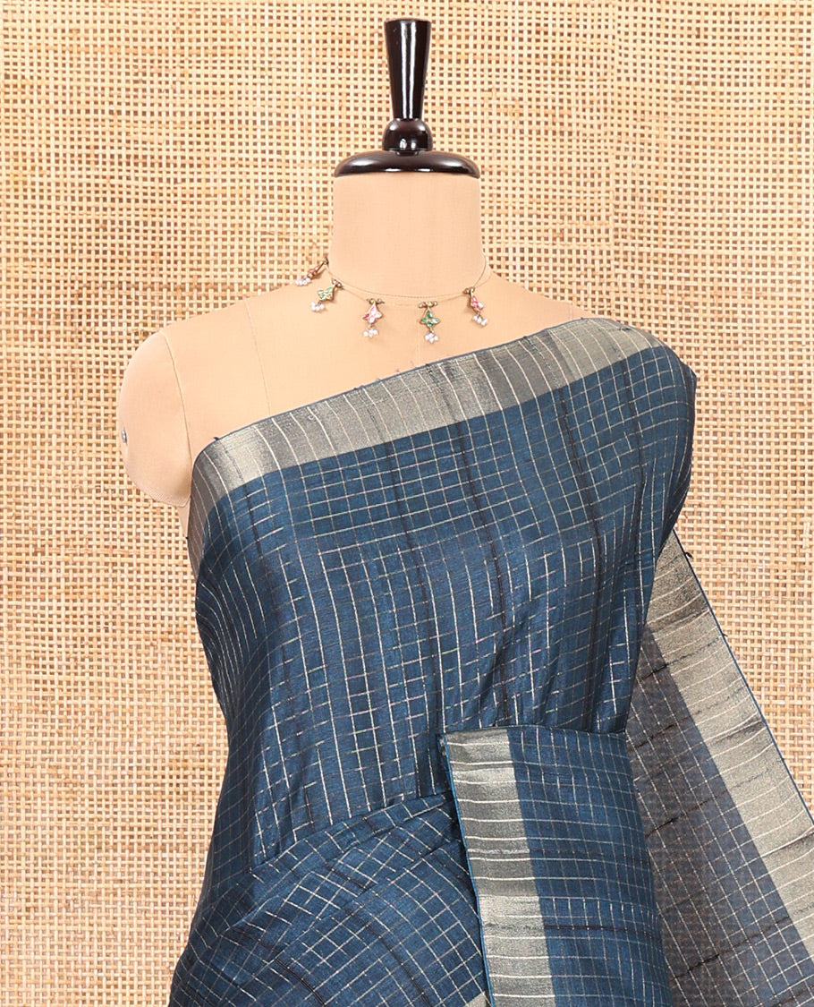 Blue zari checked design fancy tussar silk saree, bavanji border, zari design pallu, and a matching blouse