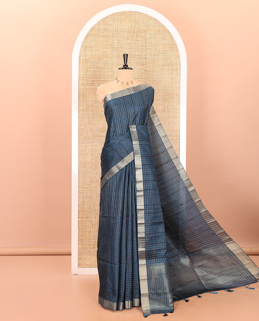 Blue zari checked design fancy tussar silk saree, bavanji border, zari design pallu, and a matching blouse