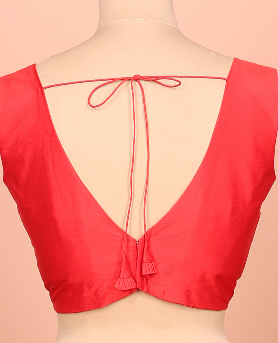Red Plain Readymade Blouse Featuring a Front V-Neck, Back Deep V-Neck, and Sleeveless